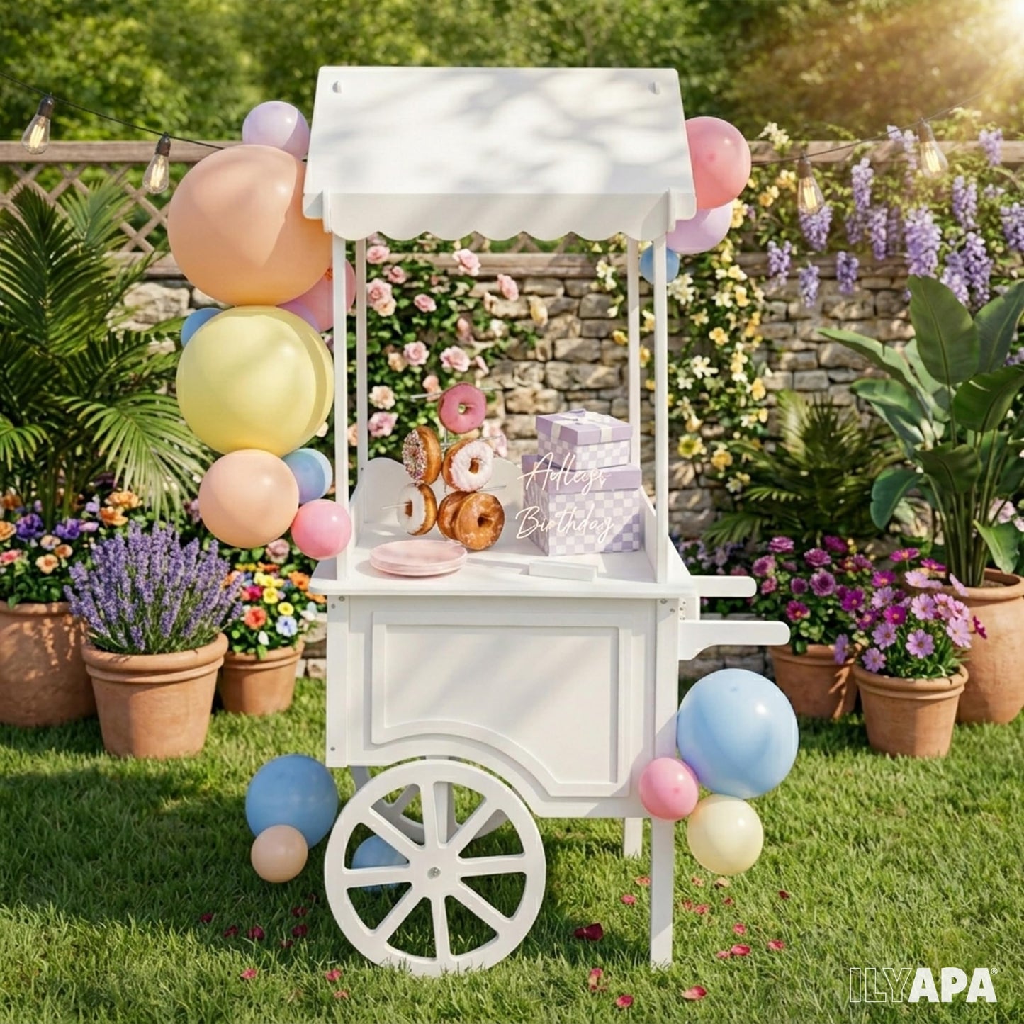 Ilyapa Candy Cart for Party with Wheels for Events - 5'6 Ft Tall, 2'11 Ft Long Wooden Dessert Cart for Candy Display, Treats, and Ice Cream for Events