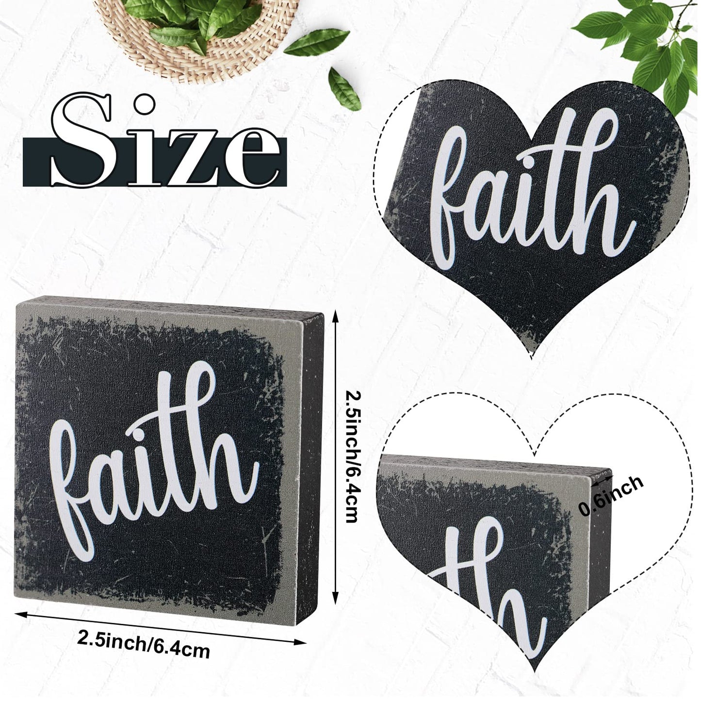Qunclay 6 Pieces Farmhouse Tiered Tray Decor Inspirational Rustic Wood Sign Faith Love Hope Wooden Table Decorations Art Print Wooden Block Signs for Office Home Tabletop Bookshelf, 2.5 x 2.5 Inch