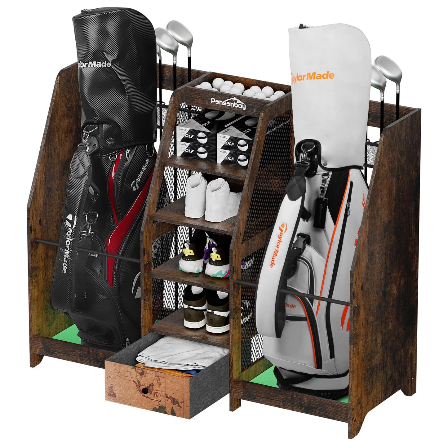 Ponsonbay Golf Bag Storage Organizer for Garage, Premium Wooden 2 Golf Bags Rack with Drawer, Easy Assemble Golf Club Stand/Holder Suitable for Garage Home Simulator and Office (Retro)