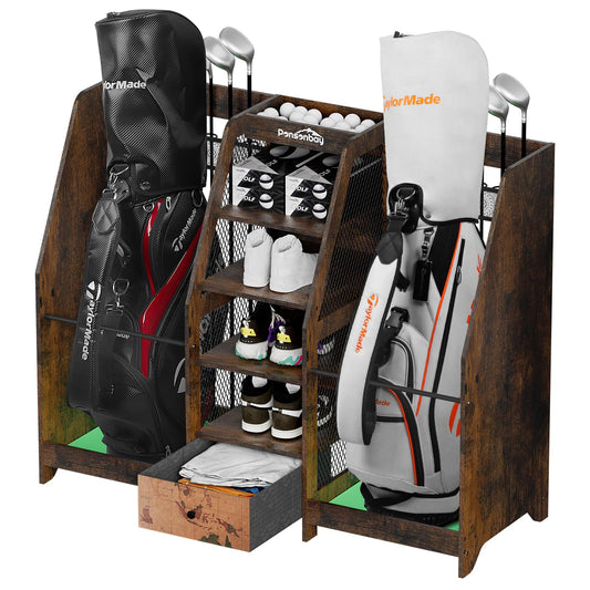 Ponsonbay Golf Bag Storage Organizer for Garage, Premium Wooden 2 Golf Bags Rack with Drawer, Easy Assemble Golf Club Stand/Holder Suitable for Garage Home Simulator and Office (Retro)