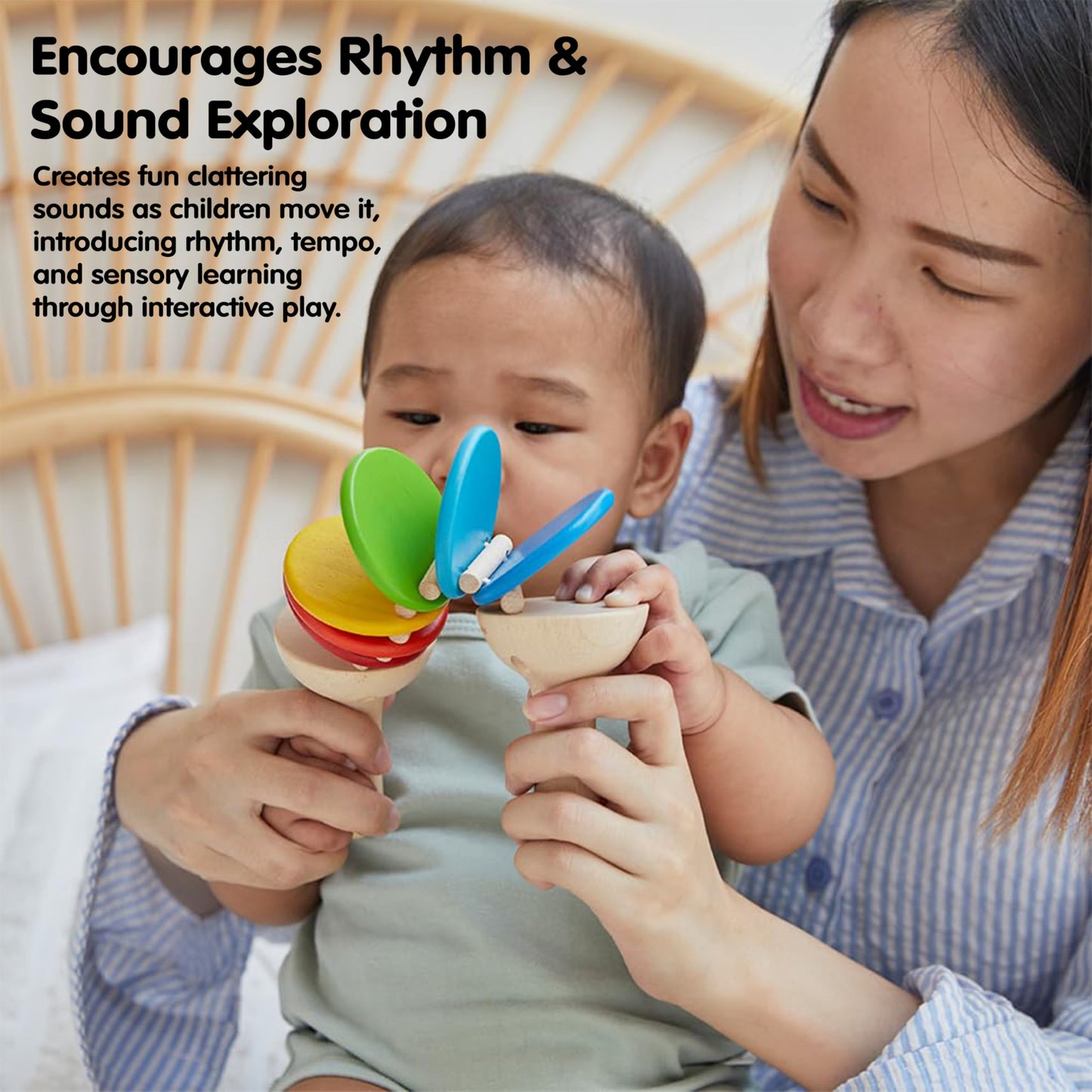 PlanToys® Wooden Clatter Toy | Montessori Sound and Rhythm Toy for Auditory Development, Coordination and Sensory Play | Eco Friendly Wooden Rattle Style Musical Toy