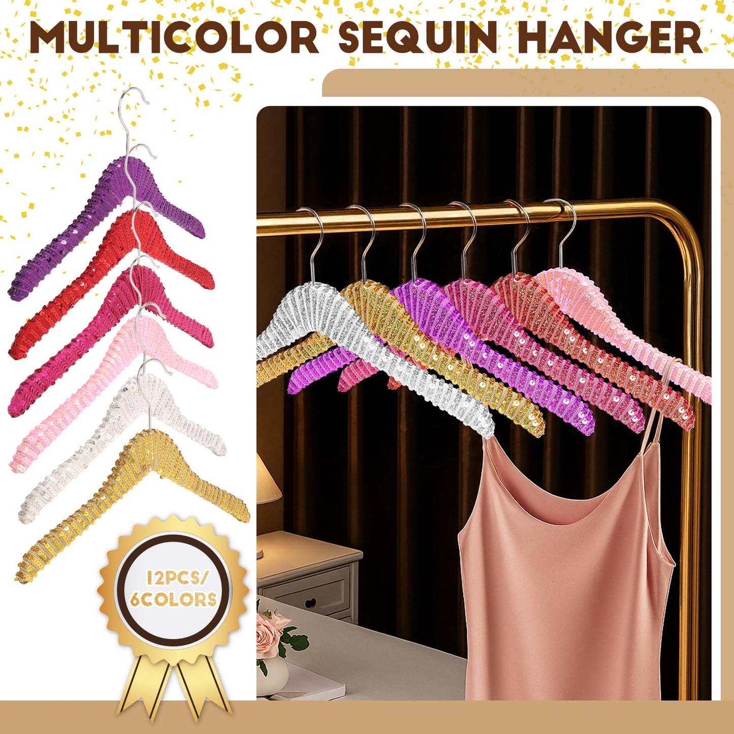 Luxury Sequin Wooden Hangers – Decorative Non Slip Natural Wood Clothes Hangers for Wedding Dress, Bridal Party, Bridesmaid Gifts, Custom Glitter Coat & Suit Hangers, Elegant Coquette Style (Gold)