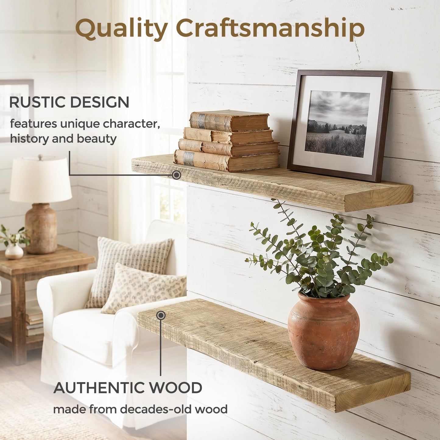 Axeman 55 Inch Rustic Wooden Floating Shelves for Wall|Solid Reclaimed Wood Wall Mounted Shelves with Invisible Brackets for Books Bathroom Kitchen Storage|8 Inch Deep|1 Pack, Natural