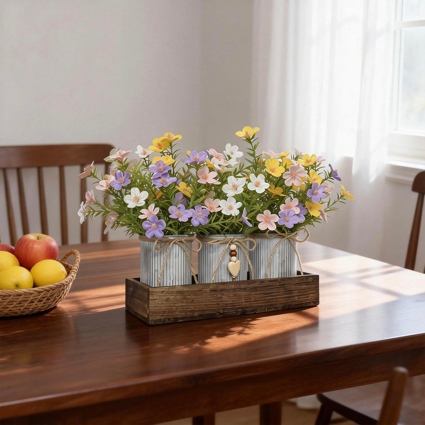 HEMYLU Artificial Gypsophila Baby's Breath, Rustic Table Centerpieces Home Decor for Dining Room, Farmhouse Wood Planter Box with 3 Galvanized Metal Pots Decorative Table Centerpiece