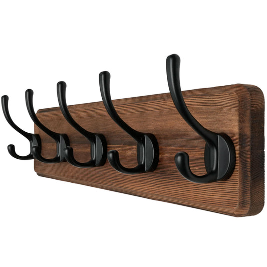 Dseap Wall Mounted Coat Rack: Patented, Heavy-Duty, 17.4" Long 5-Double-Hooks Wooden Hanger Rail for Winter Coats, Hat, Jacket, Clothing - Natural & Black
