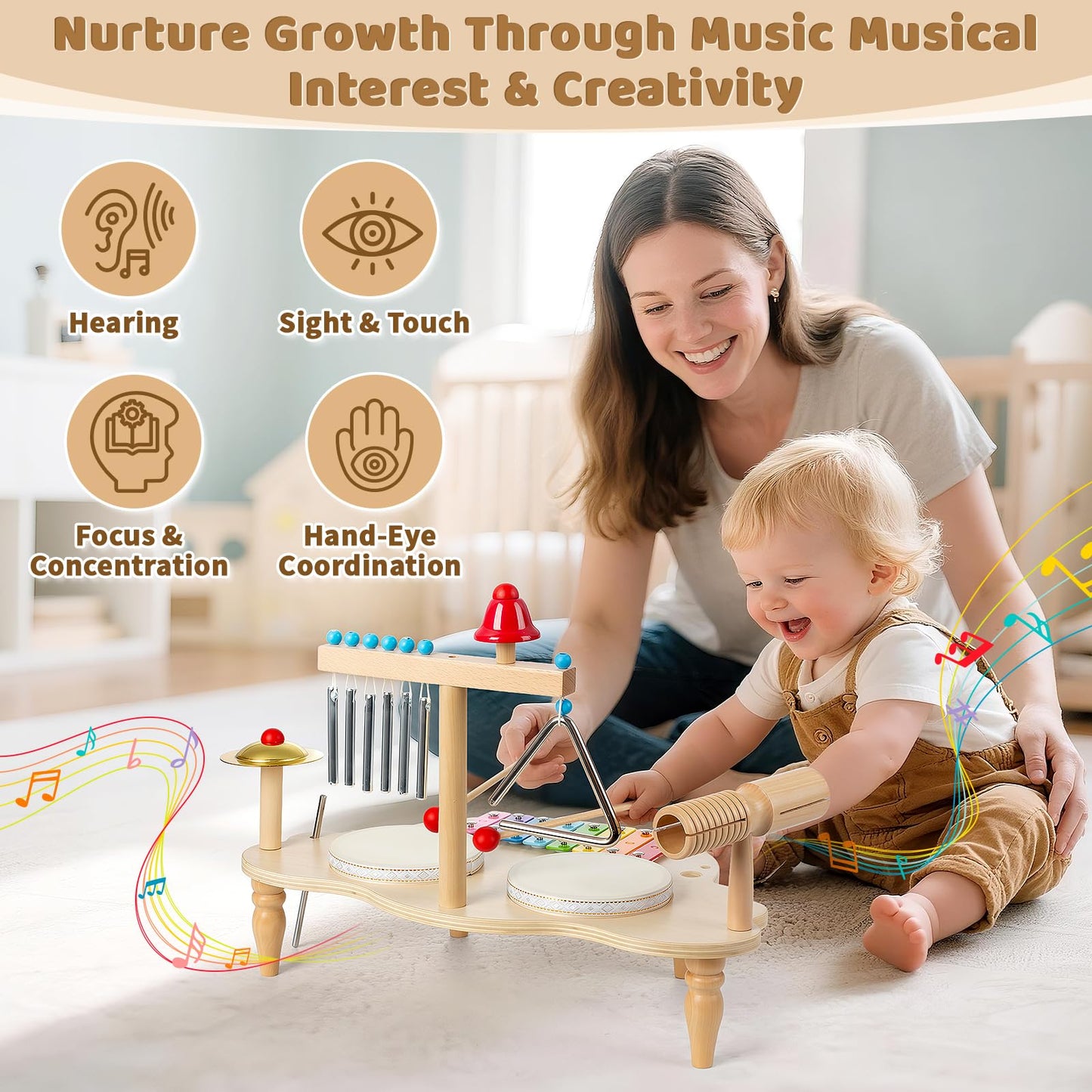 Baby Drum Set for Toddlers 1-3, Wooden Musical Percussion Instruments with Xylophone, Kids Drumset Educational Montessori Music Toys Birthday Gift for Boys Girls