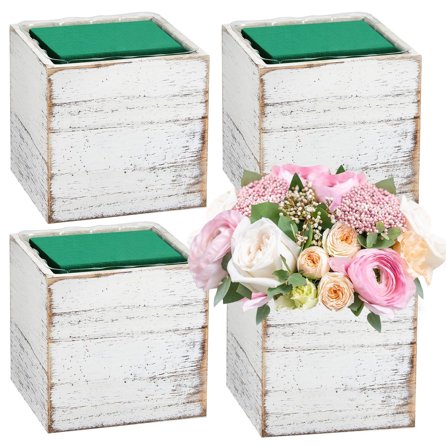 Dandat 4 Sets 4 Inch Wooden Cube Planter Boxes for Centerpiece Flower White Wood Rustic Square Vase with Removable Plastic Liner Floral Foam Block for Garden Wedding Home Arrangement Decor