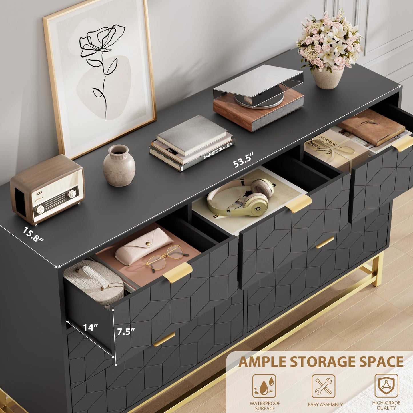IDEALHOUSE Dresser for Bedroom, 53.5” Wide Dresser Organizer, 7 Drawer with Golden Metal Handle and Legs, Large Modern Chest of Drawers for Closet, Hallway, Living Room, Entryway, Black