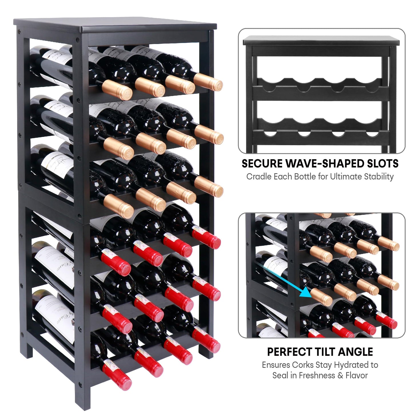 Thalomely Wine Rack Free Standing Floor, 6-Tier 24 Bottles Display Wine Storage Shelves with Table Top, Easy-Assembly Freestanding Bamboo Wine Racks for Kitchen Dining Room Bar, Black