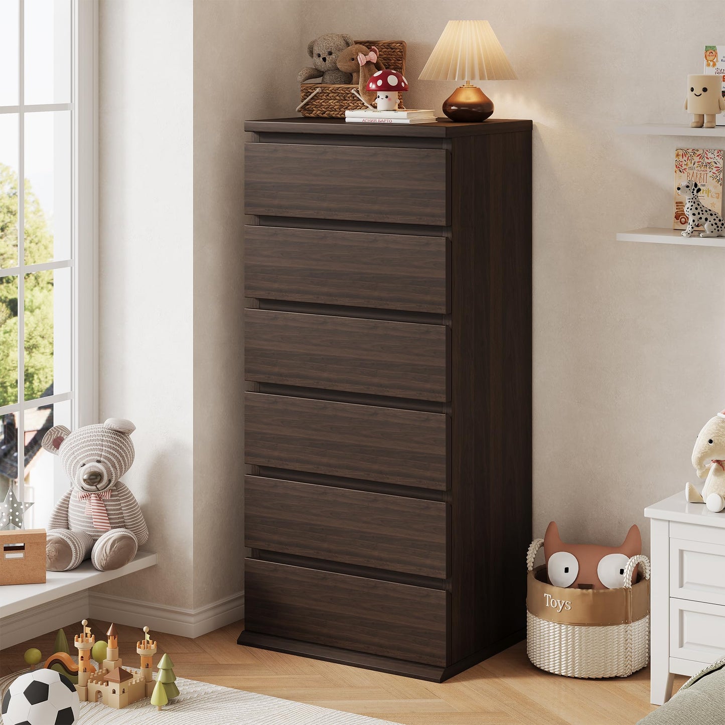 Brown Dresser, 6 Drawer Dresser for Bedroom, Wooden Chest of Drawers with Handleless Drawers, 19.7" W x 15.7" D x 47.2" H Vertical Tall Dresser, Storage Dressers for Living Room, Hallway and Office