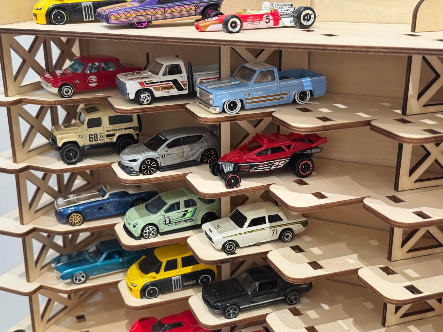 Wood Toy Car Hot Wheels Display Rack, Holds 36 Diecast Cars Model Car Display Case 1/64 Scale Toy Cars Organizer Freestanding or Wall-Mounted Toy Car Storage Cabinet (Wood, Medium)
