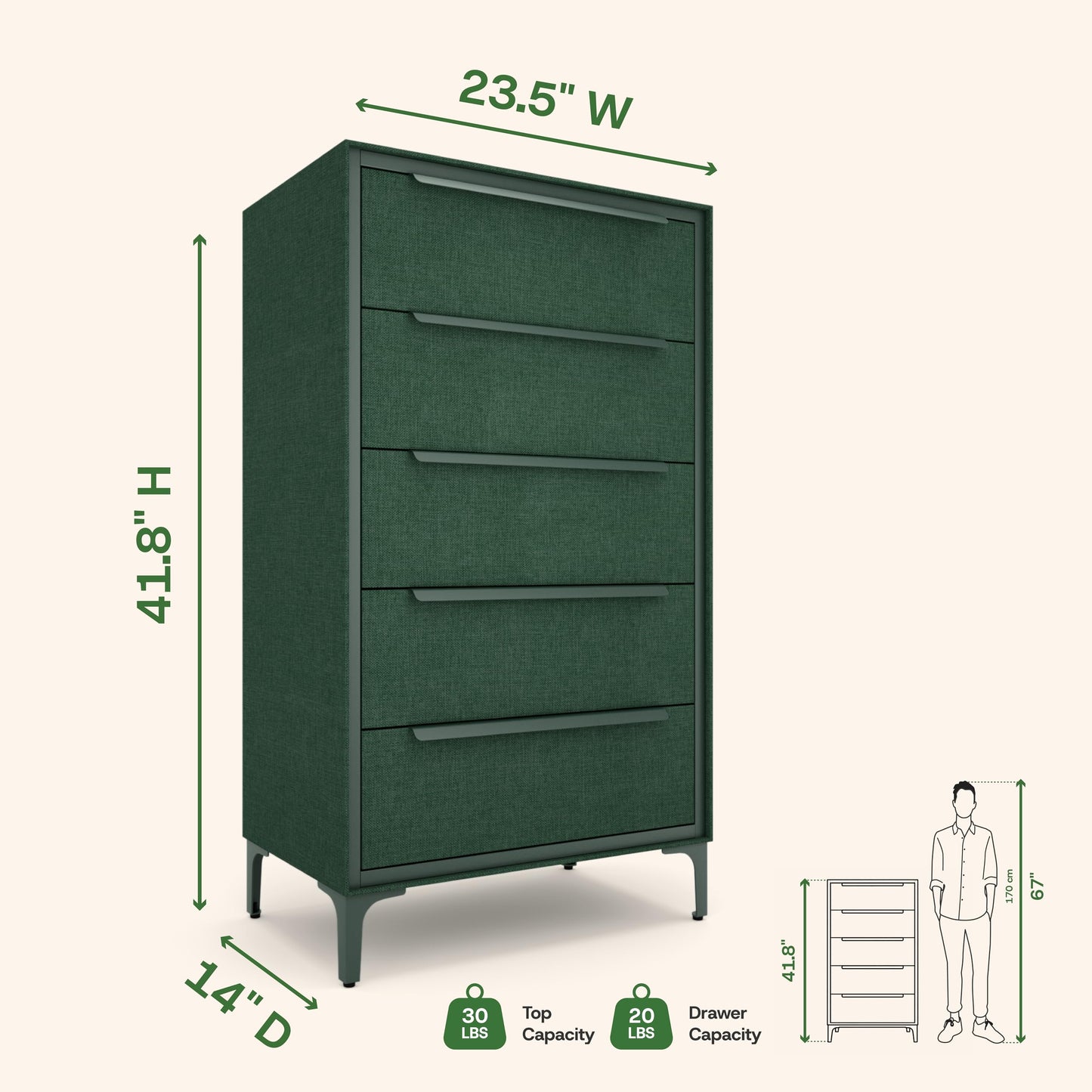 tinge Naima Premium Fabric Dresser - Strong Metal Frame, 5 Spacious Sag-Proof Drawers with Sleek Metal Handles - Premium & Durable Storage Solution for Your Home (Green)