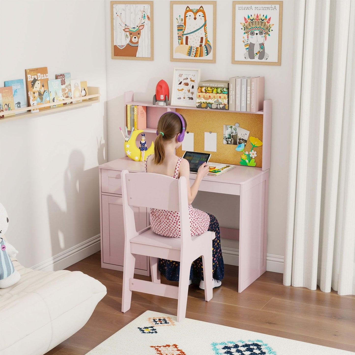 FTZxHKLX Kids Study Desk with Chair, Children Study Table and Chairs for 5-12 Years Old, Wooden Kids Desk and Chair Set with Hutch and Storage Cabinet for Bedroom, Study Room, Pink