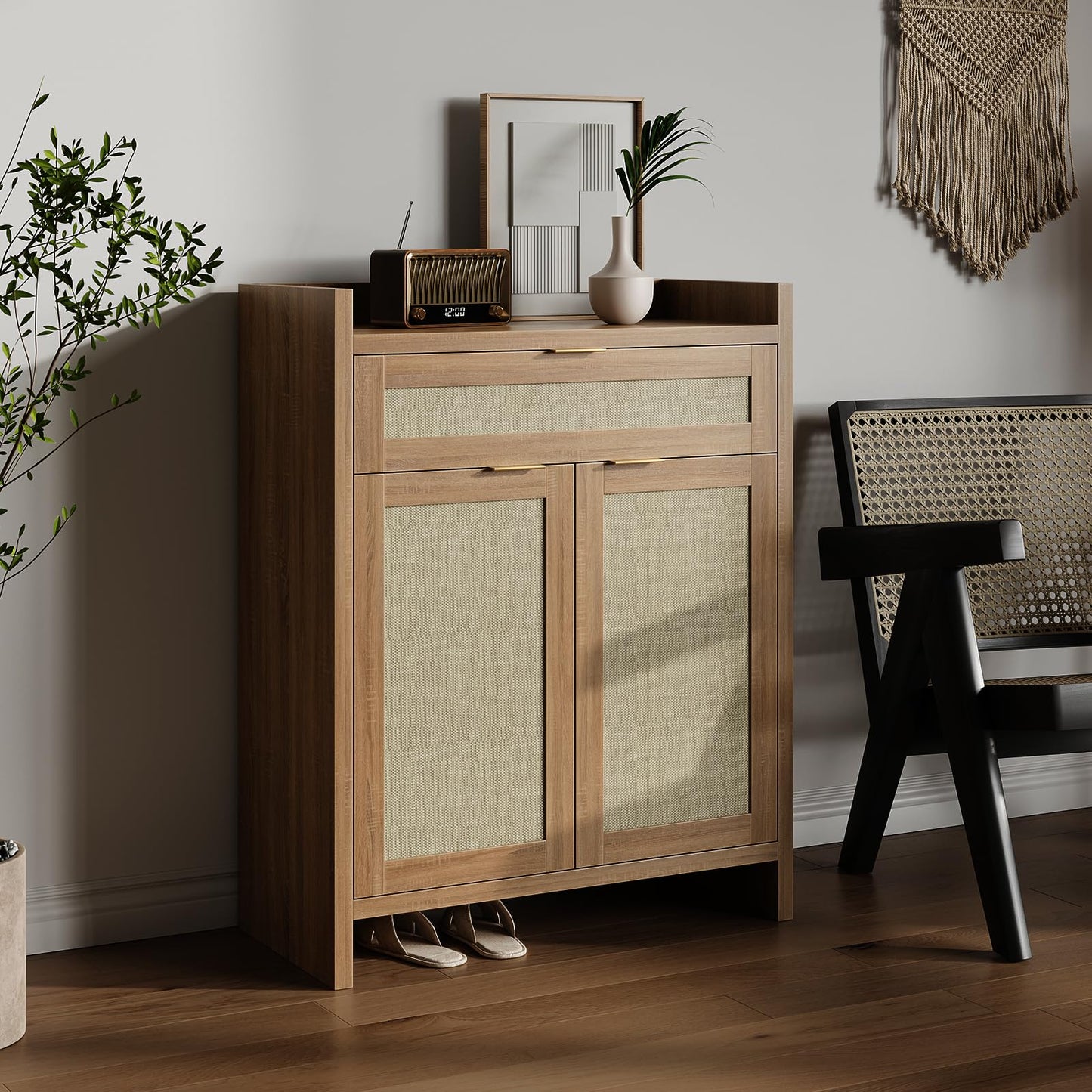 Garvee Boho Shoe Cabinet, 32 in Rattan Shoe Organizer with Doors and Drawer, Coffee Bar Cabinet with Adjustable Shelf, Wooden Accent Console Table for Entryway/Living Room/Closet/Entryway(Brown)