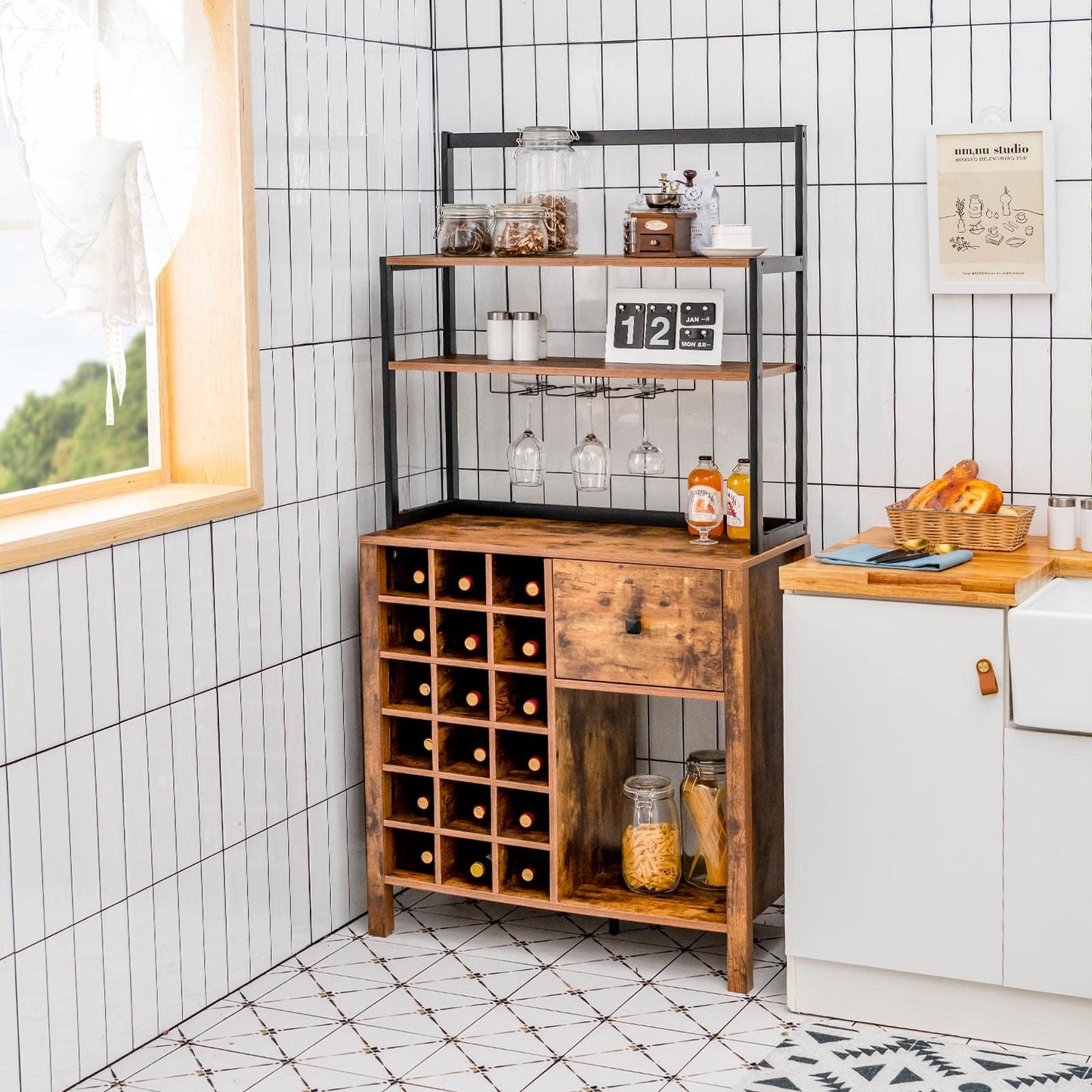 Giantex Wine Cabinet 18 Bottles, Buffet Hutch with Storage Drawer, Wooden Sideboard Wine Rack, Metal Spice Bakers Rack with Glass Holder, Kitchen Microwave Stand Living Room (Rustic Brown)