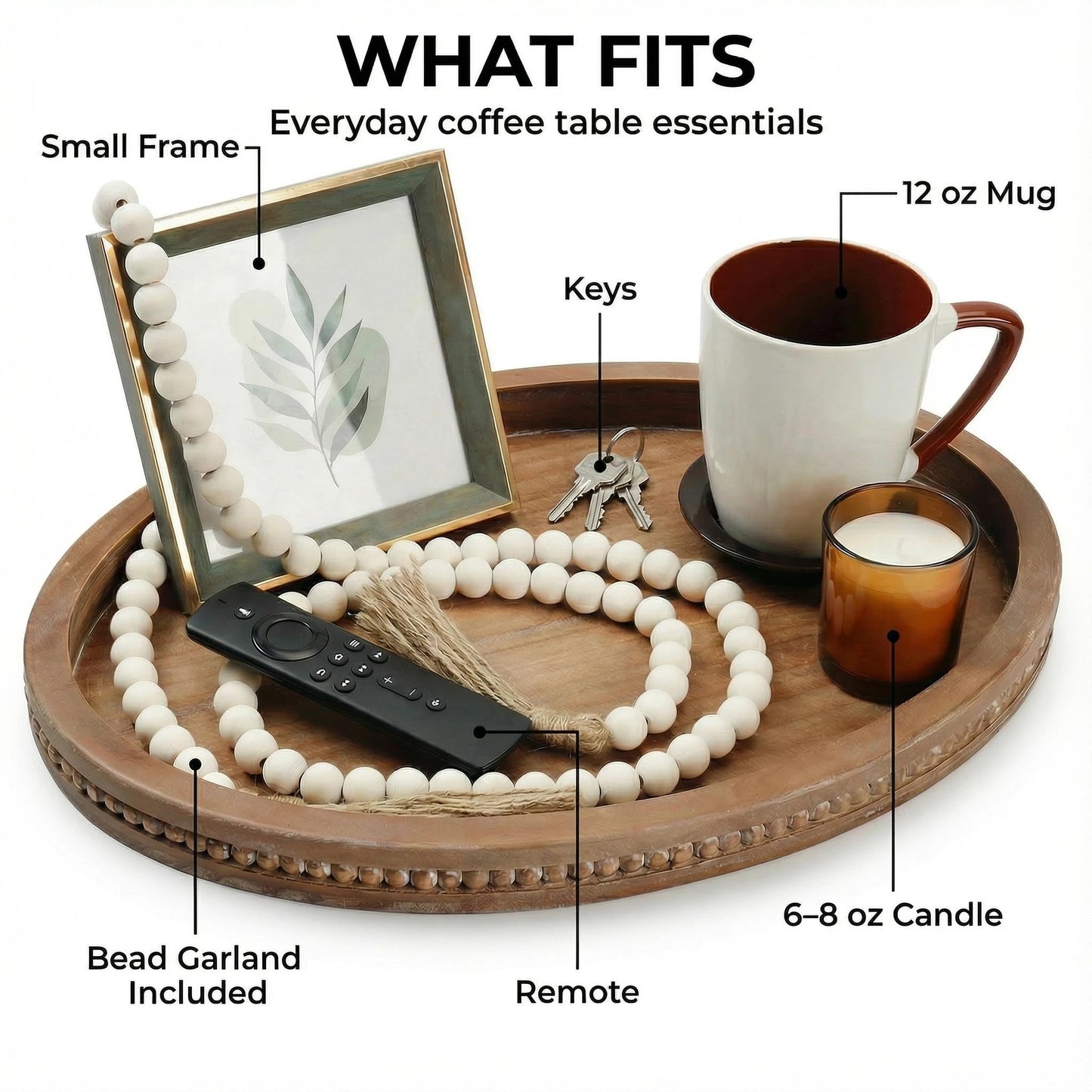 16" x 11.8" Oval Wood Decorative Tray with 58" Bead Garland, Farmhouse Coffee Table & Kitchen Island Décor, Rustic Brown Entryway Console Tray for Styling, Candles & Small Items