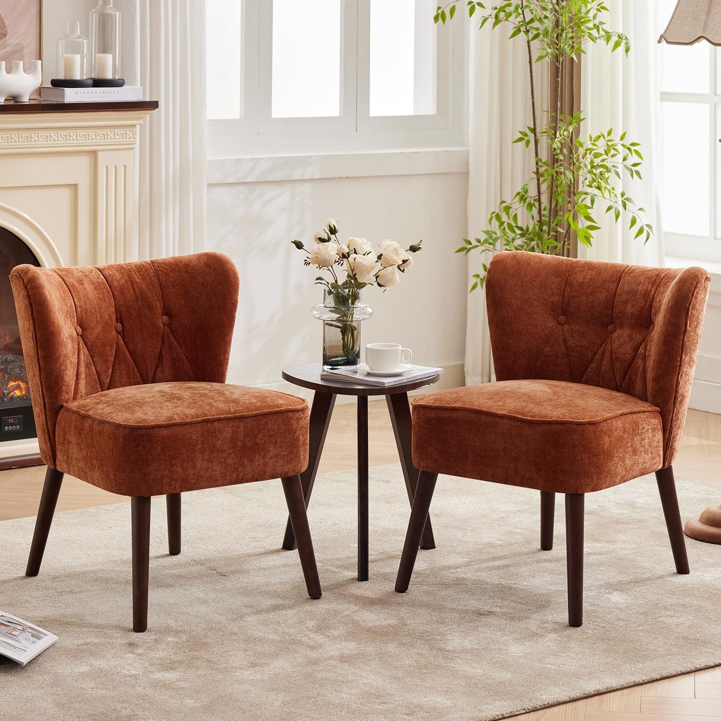 Accent Chair Living Room Chair, Armless Lounge Chair with Wood Legs Upholstered Makeup Vanity Tufted Side Chair Fabric Comfy Sofa Chairs for Bedroom, Mid Century Modern Comfy Reading Chair