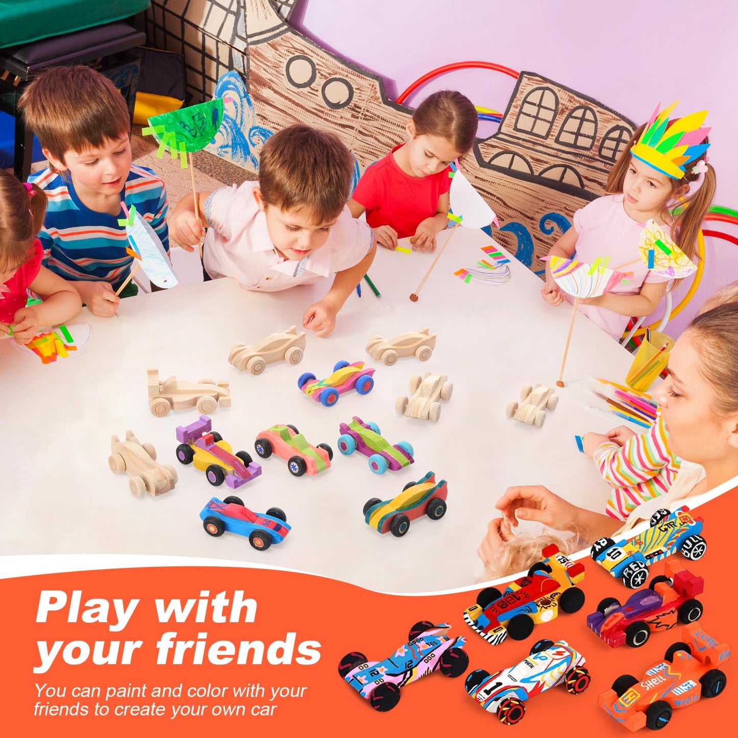 Lenwen 60 Pcs Wooden DIY Car Toys for Party Unfinished Wooden Cars, Wood Truck Wood Graffiti Toy Truck and Crafts DIY for Students Girls Boys Activities Craft Projects Woodworking