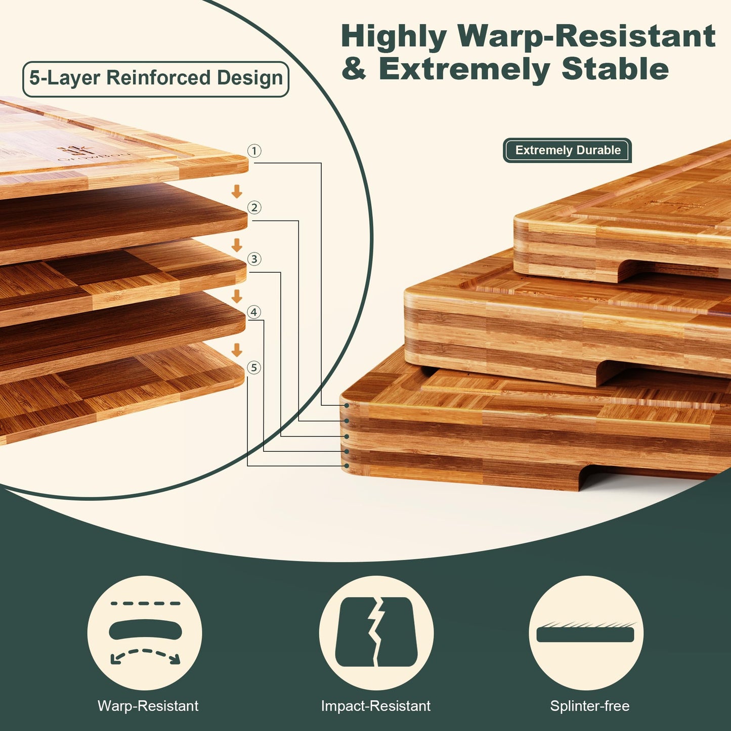 Extra Large Bamboo Cutting Boards, 3-Pack Heavy Duty Bamboo Cutting Boards Set with Juice Grooves & Non-Slip Feet – Extra Large Thick Wood Chopping Board for Meat, Fruits & More, Non-Toxic & Durable