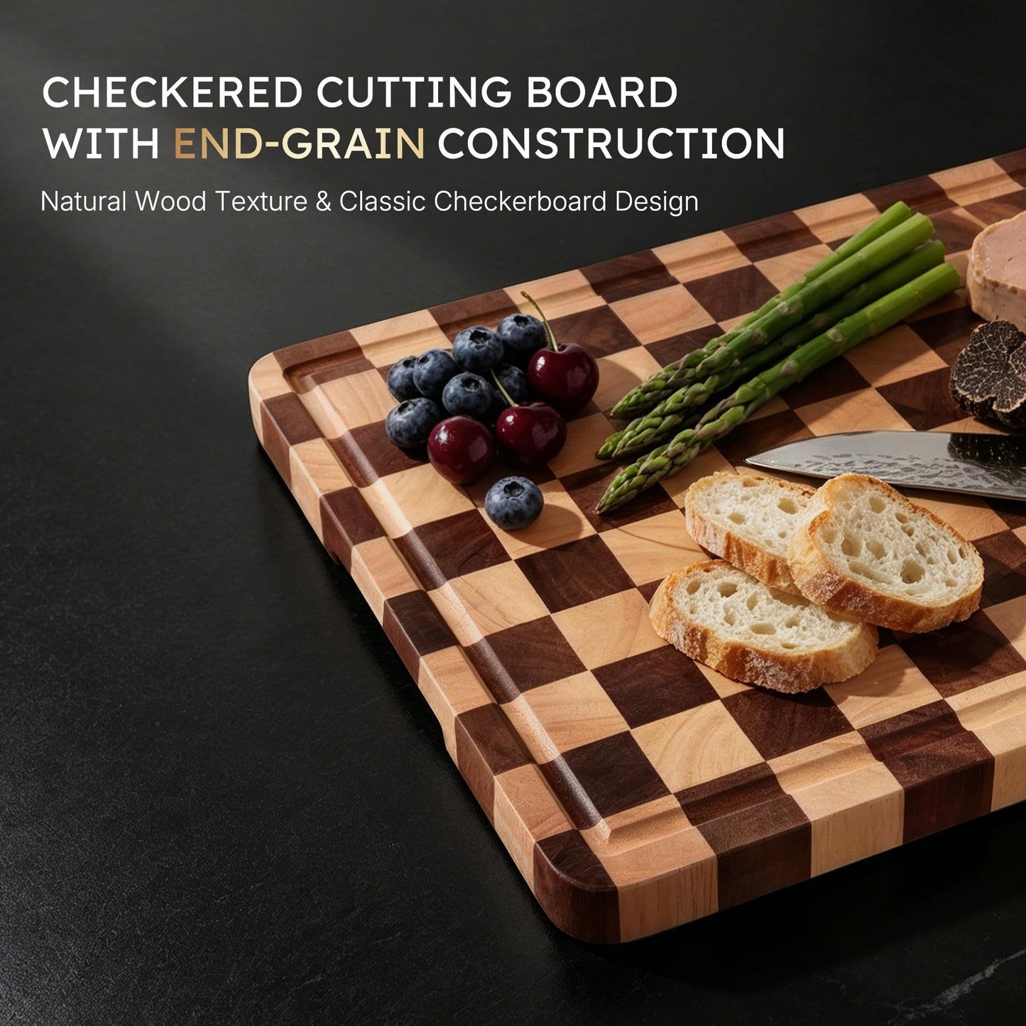 Nomsters 3 Packs Cutting Boards for Kitchen Checkered Cutting Board Acacia Wood Charcuterie Board Serving Heavy Duty Non Toxic Slip Butcher Block Wood Chopping Board with Juice Grooves Handles