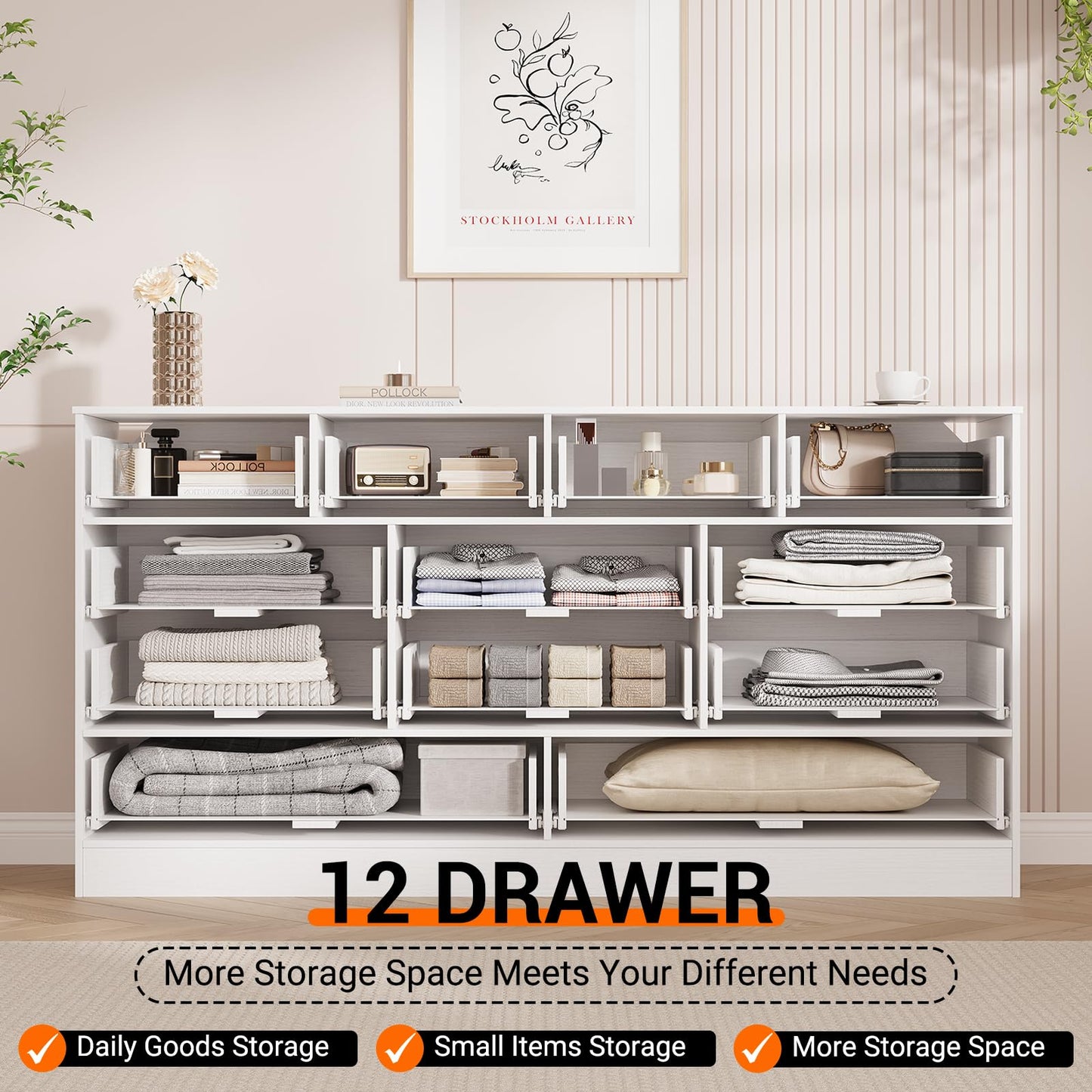 GarveeHome 12 Drawer Wooden Dresser for Bedroom, Rattan Chest of Drawers for Closet, Living Room, Hallway, 61 Inch Wood Wide TV Stand Dressers for 65 Inch TV, Modern Dresser for Adult Room