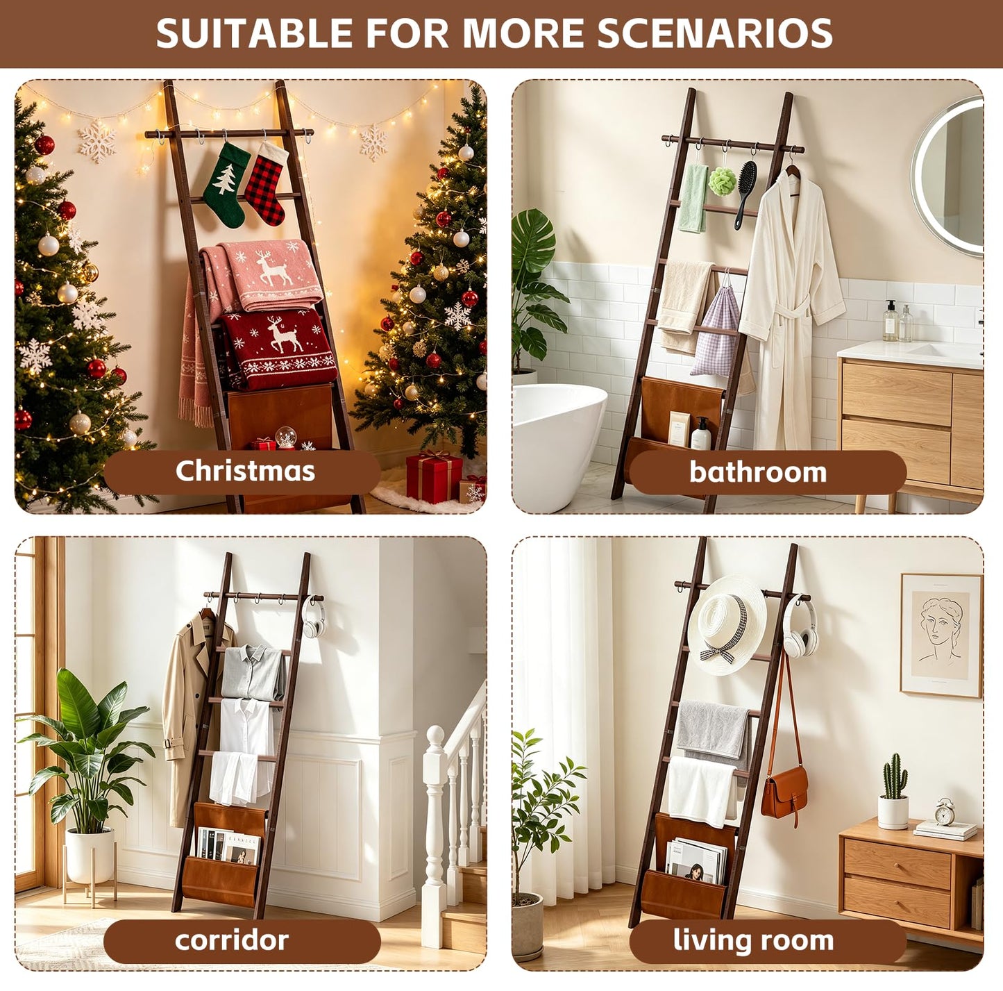 chilinii Wooden Blanket Ladder 6-Tier Farmhouse Rustic Blanket Holder with Synthetic Leather Bag, Decorative Stand with Removable Hooks Quilt Towel Rack for Home Living Room Bedroom Decor Brown