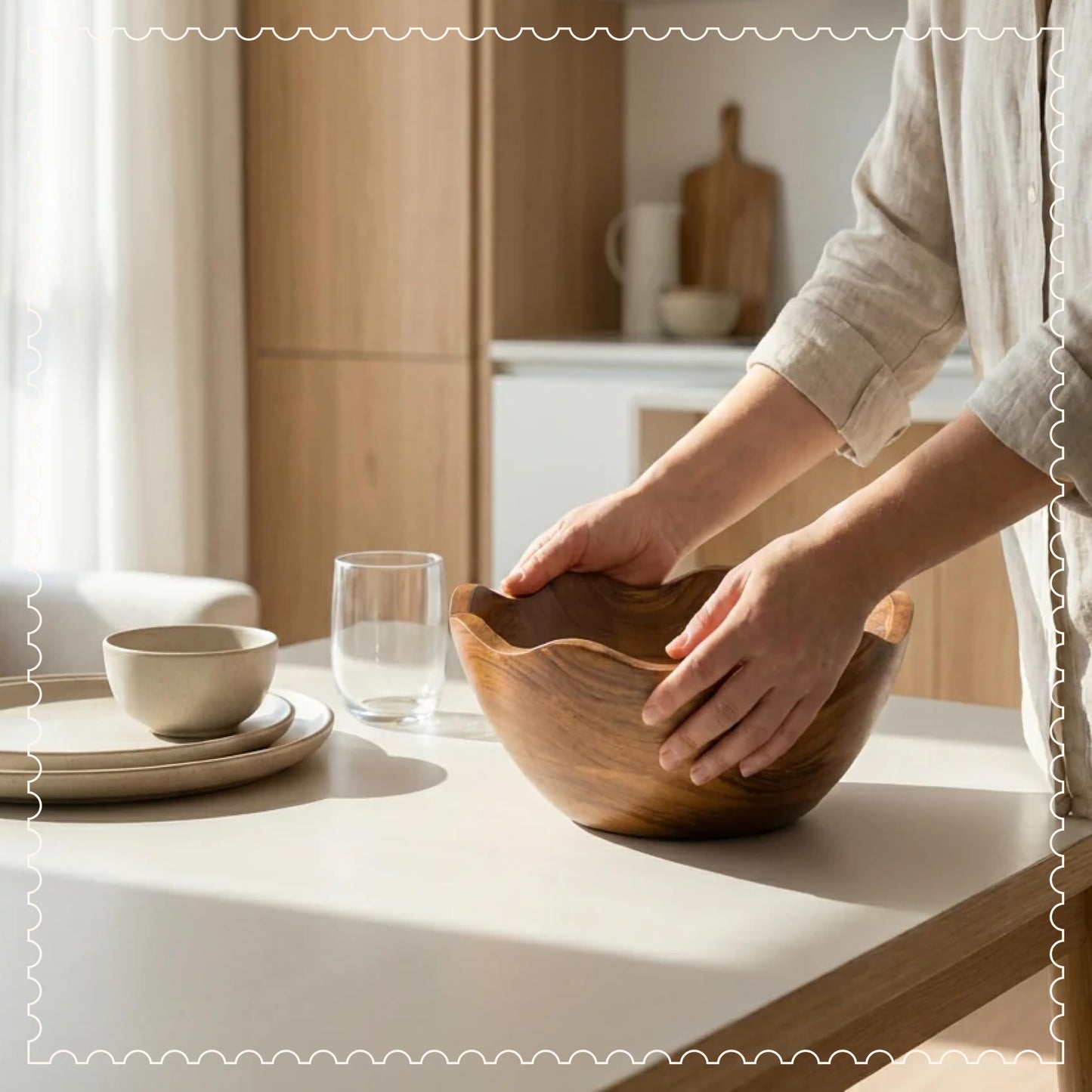 Mela Artisans 10 in Wide x 4 in Tall Scalloped Acacia Wood Salad Bowl – Decorative Serving and Fruit Bowl with Natural Finish for Kitchen Counter, Bread & Home Decor