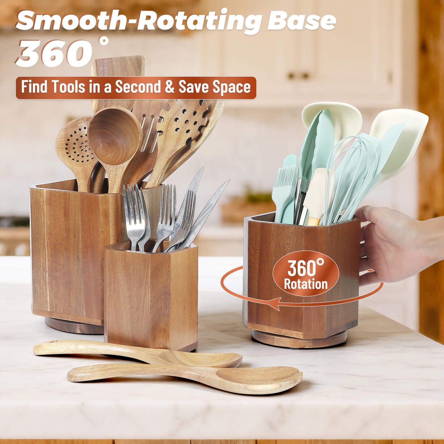 KINGSOW Wooden Utensil Holder Set: 3PCS Extra Large Acacia Wood Organizer with 360° Rotating Base for Kitchen Countertop - Farmhouse Storage Crock for Multi-Generation Family & Cooking Enthusiasts