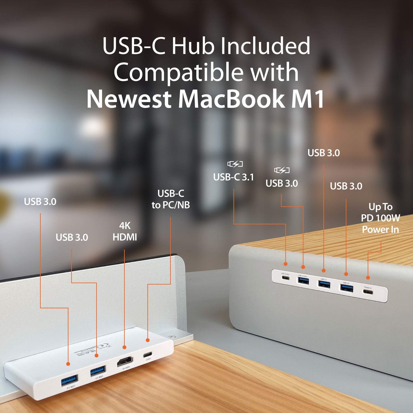 j5create Wooden Monitor Stand with USB Type C/HDMI Docking Station - USB 3.1 C to C Cable Included - Handmade Wood Panel with Aluminum Riser for Computer Screens, Laptops, TV