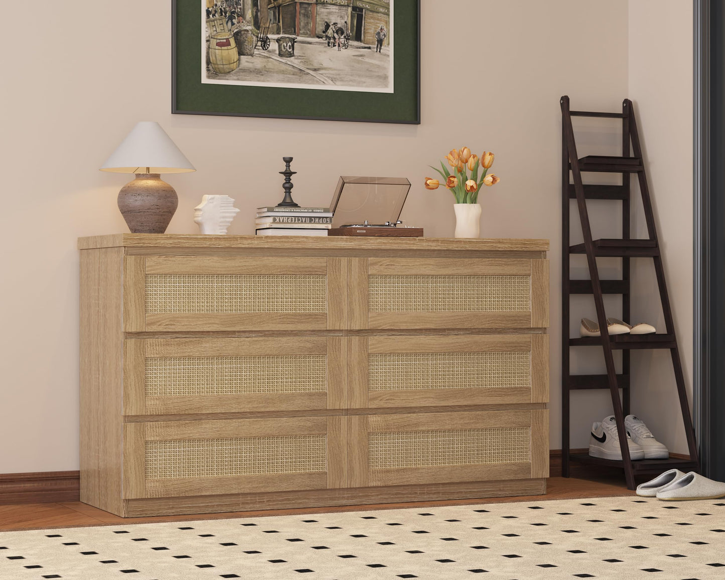 GarveeHome Rattan Dresser for Bedroom, Modern 6 Drawer Double Dresser for Bedroom, Wide Wood Chest of Drawers for Bedroom, Living Room, Hallway, Natural