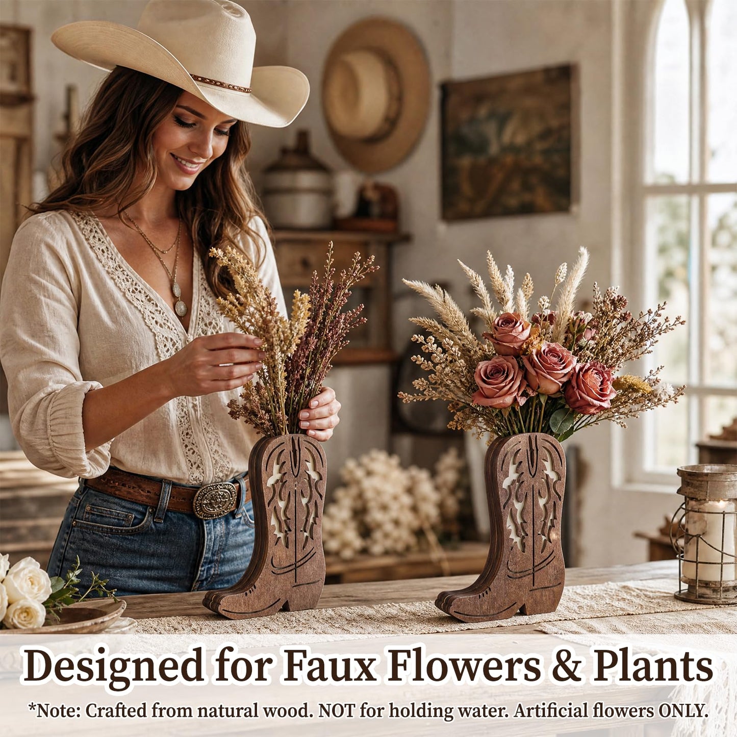 8Pack Wooden Cowboy Boot Vase 3D Hollow Carving, Western Country Boot Table Centerpiece Room Decor, Rustic Farmhouse Boho Style Fake Flower Vases for Baby Shower Wedding Dinner Party Home Decorations