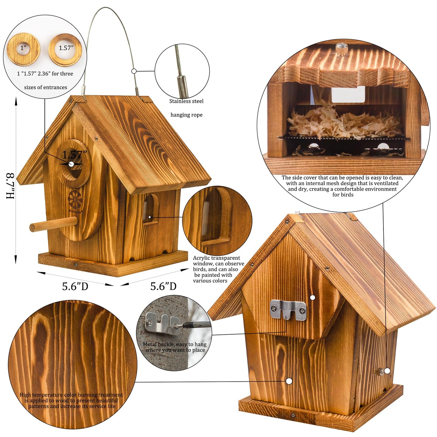 Bird Houses for Outside,DIY Kit for Adults & Kids,Solid Mortise & Tenon Structure,Carbonized for Durability and Aesthetic Appeal,Easy to Clearance,Paint Kit Included