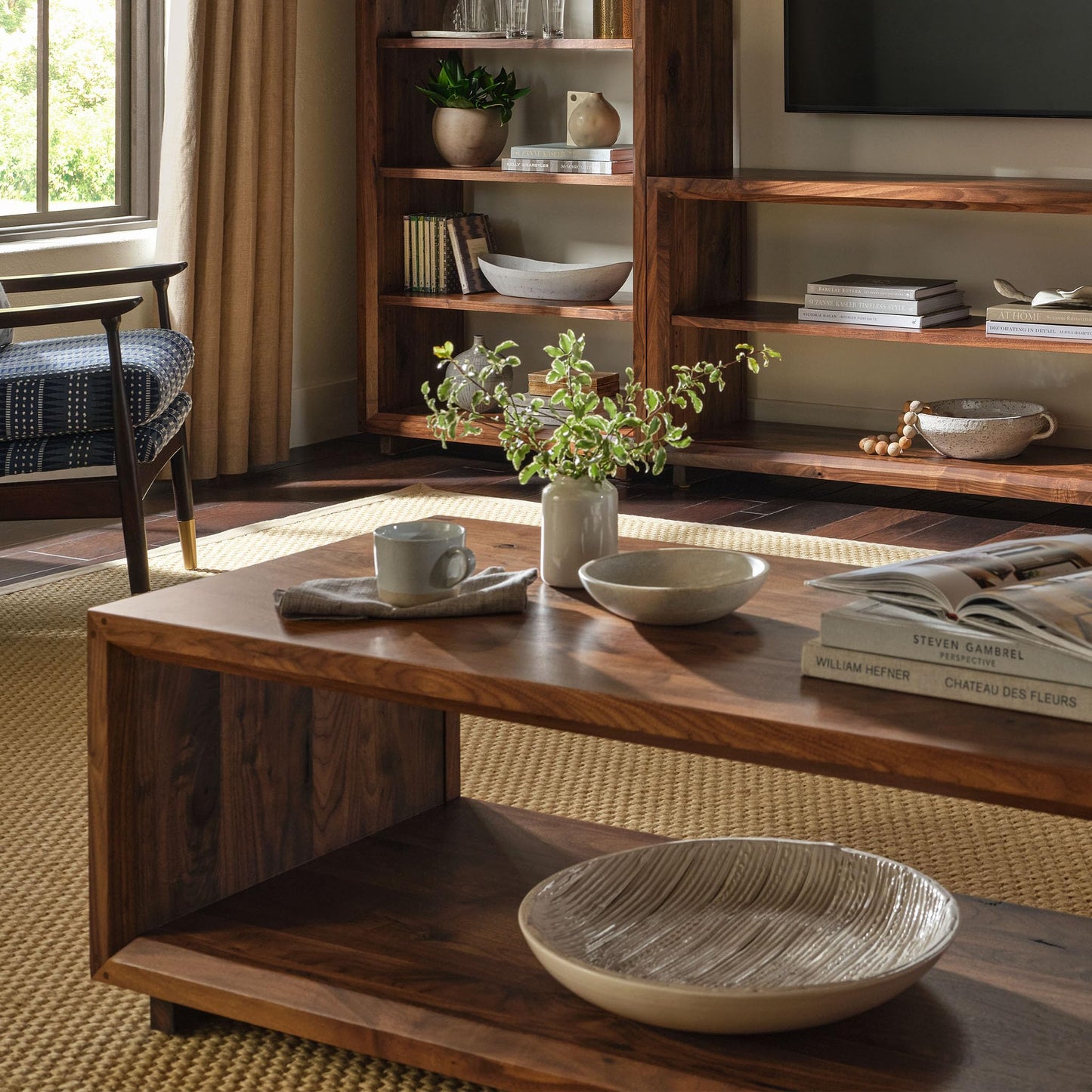 Stickley Saranac Cocktail Table, Coffee Table, Solid Rustic Walnut, Sustainable Construction, Open Back, Sled Base, 54in W x 24in D x 18in H, Made in USA
