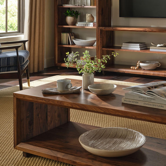 Stickley Saranac Cocktail Table, Coffee Table, Solid Rustic Walnut, Sustainable Construction, Open Back, Sled Base, 54in W x 24in D x 18in H, Made in USA