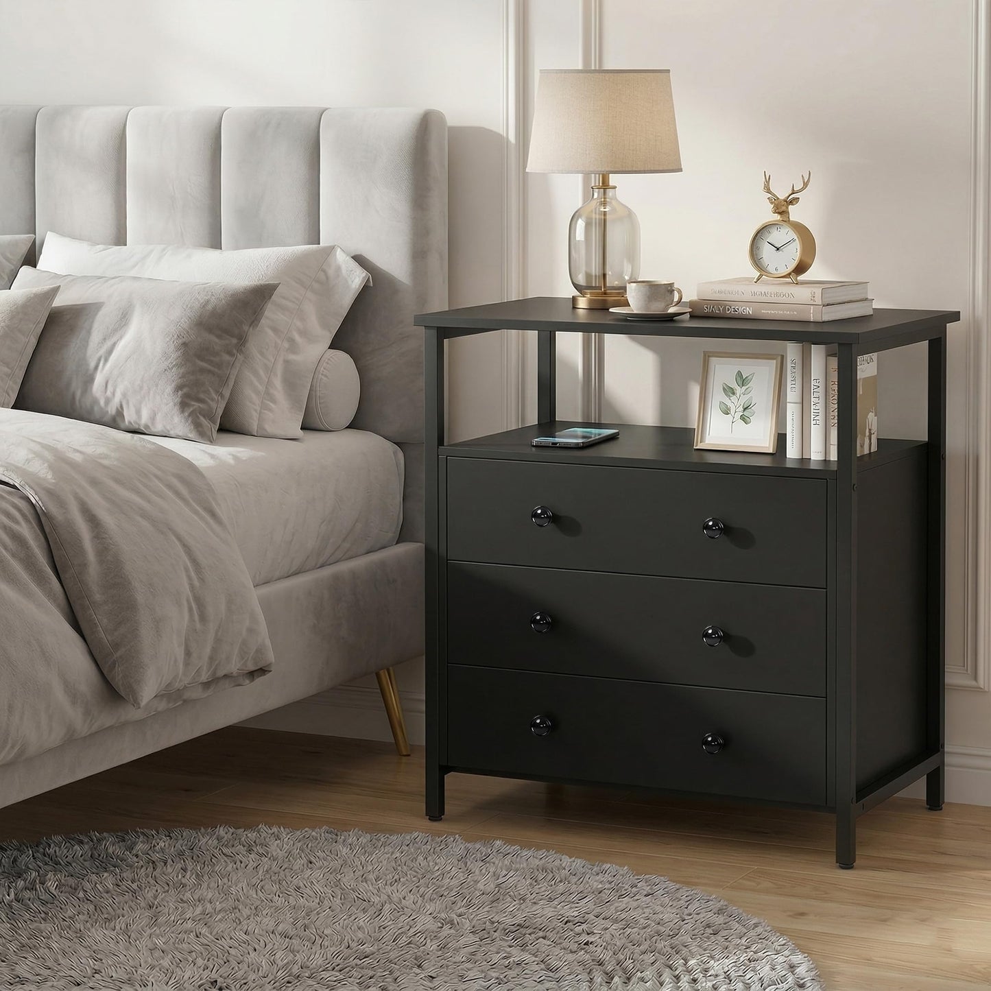 Edbuosy 3 Wooden Drawers Night Stand, 27 Inch Wide Nightstand with Charging Station and Adjustable Drawers, Small Dresser for Closet, Bedside Table for Living Room/Bedroom/Office, Black