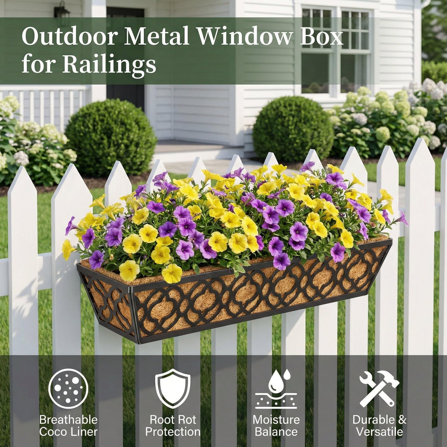 HFHOME 4 Pcs 30" Window Box Deck Railing Planter Box with Horse Trough Coco Liners, Black Metal Hanging Flower Planters Baskets for Indoor, Outdoor, Balcony, Porch, Fence, Patio, and Lawn
