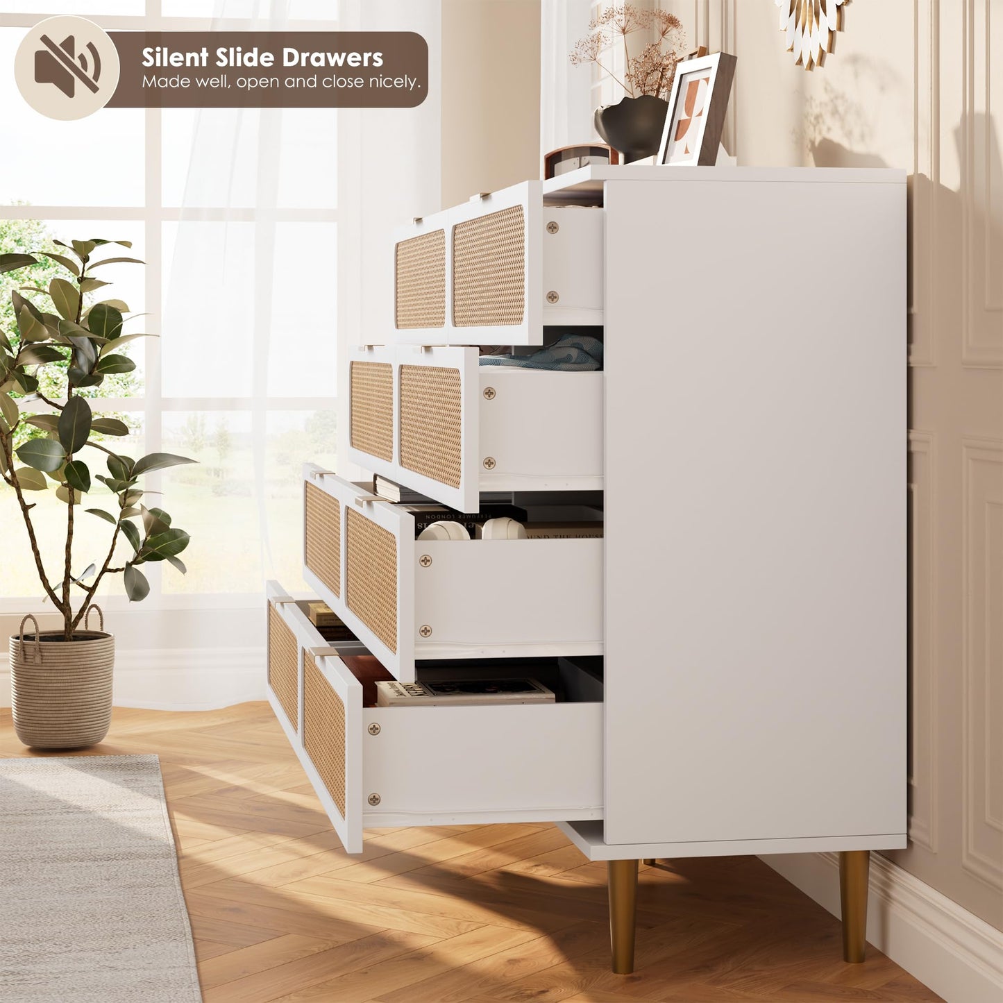 GarveeHome Rattan 8 Drawer Dressers for Bedroom, Tall Dresser with Deep Drawers, Large Chest of Drawers for Closet with Wide Top, Long Wooden Dresser for Living Room, Hallway, Kids Room, White