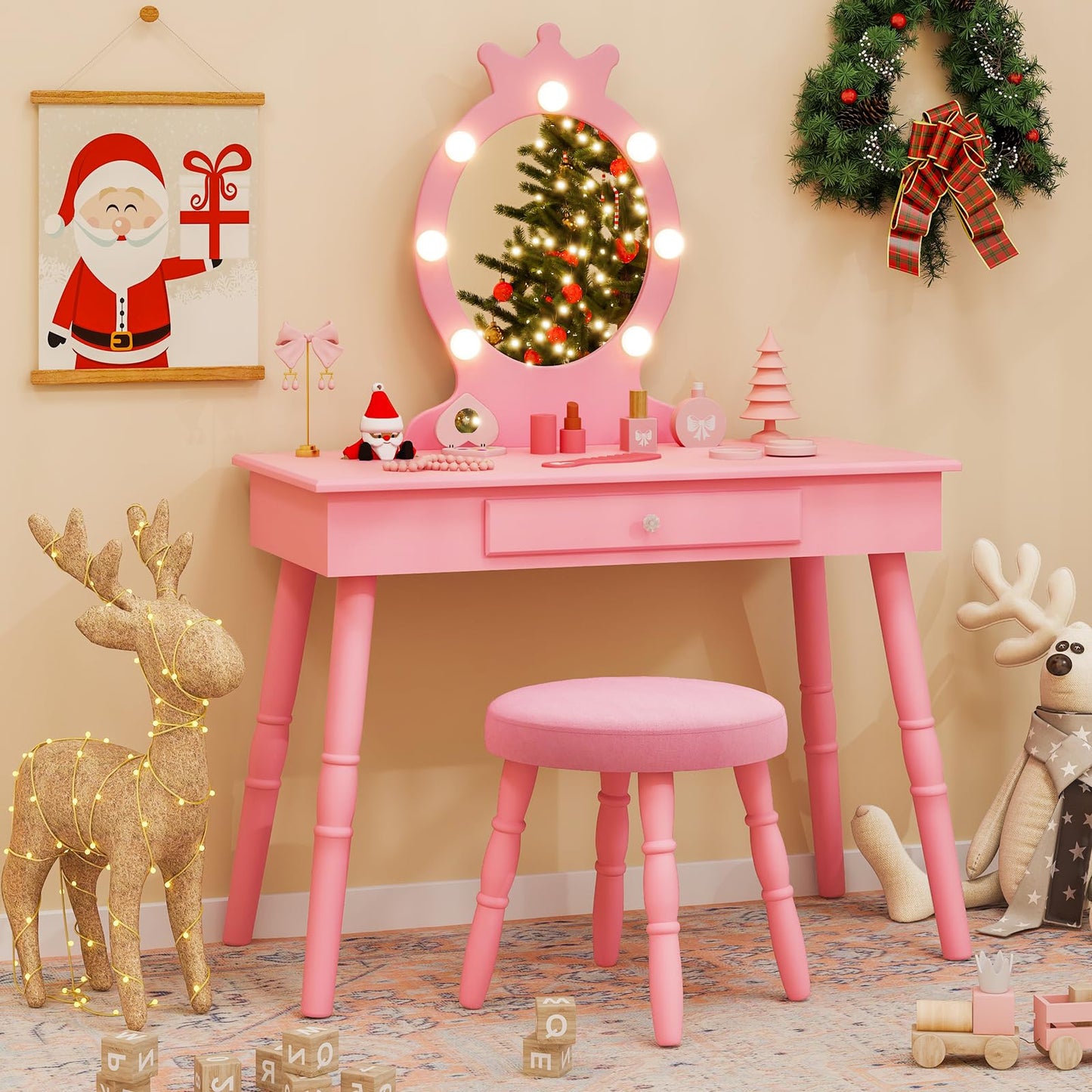 Costzon Kids Vanity, Girls Vanity Set with Mirror and Stool and Lights, Drawer, 2 in 1 Wooden Makeup Vanity Desk Dressing Table, Kids Vanity Table and Chair Set (Pink)