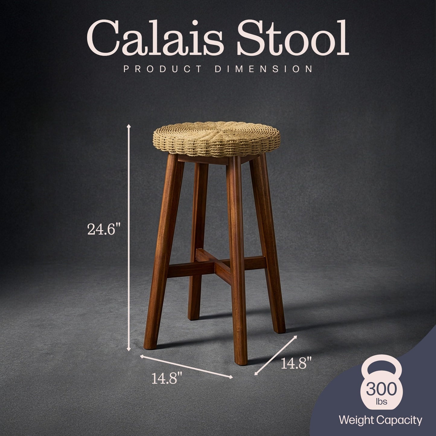 Alaterre Furniture Calais Round Bar Stool with Woven Seat - 24in Counter Height Bar Stools Backless for Kitchen, Bar or Dining Room - Wooden Barstool (Chestnut Finish)