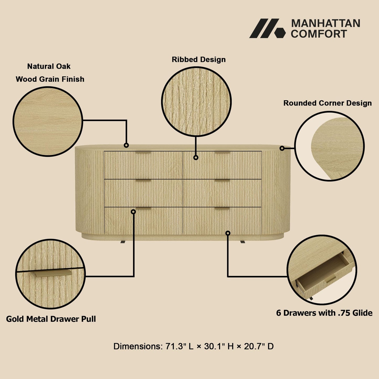 Manhattan Comfort Olivia 71” Wide Modern 6 Drawer Dresser with Wood Grain Finish, Ribbed Texture, Solid Wood Rounded Corners & Metal Handles, Chest of Drawers for Any Room, Natural Oak & Gold