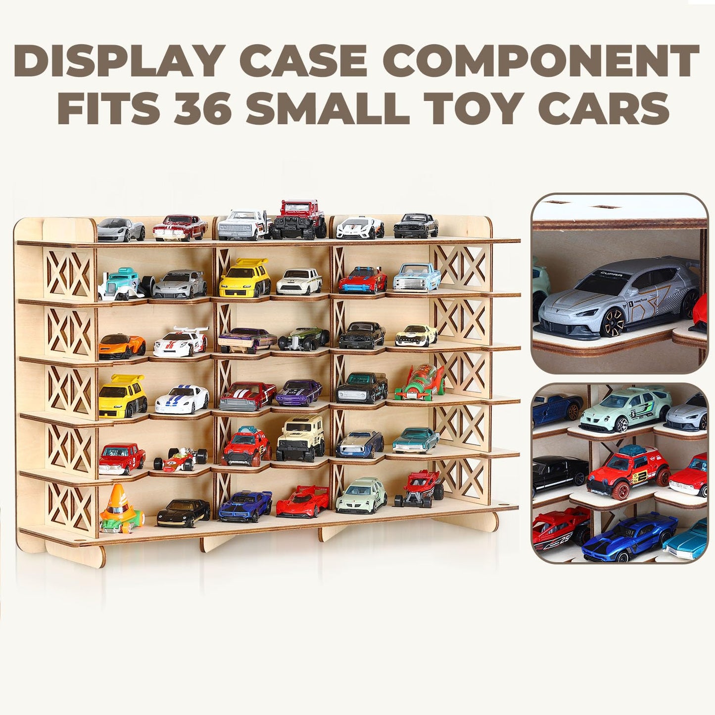 Wood Toy Car Hot Wheels Display Rack, Holds 36 Diecast Cars Model Car Display Case 1/64 Scale Toy Cars Organizer Freestanding or Wall-Mounted Toy Car Storage Cabinet (Wood, Medium)