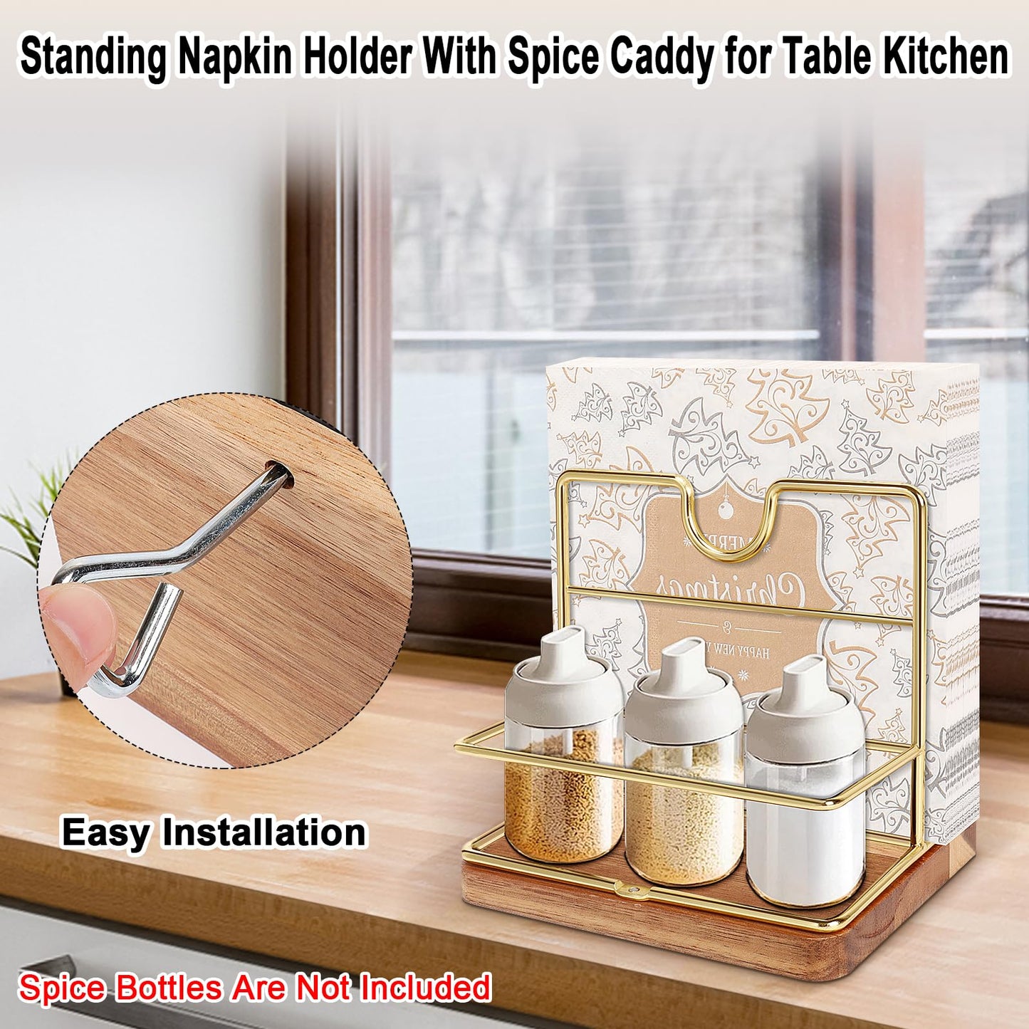 Livabber Napkin Holder, Metal Napkin Storage with Salt and Pepper Shakers Caddy Modern Napkin Dispenser for Table Kitchen Countertop, Not Including Salt and Pepper Shakers (Middle Wooden, Gold)