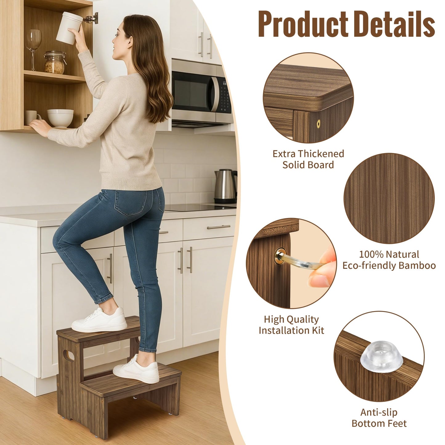 Aiowhy Two Step Stool for Adults and Kids, 450lbs Heavy Duty Step Stool, Bamboo Step Stool for High Beds, Portable Helper Step Stairs for Kids, for Kitchen, Bathroom, RV, Bedside Step Stool, Walnut