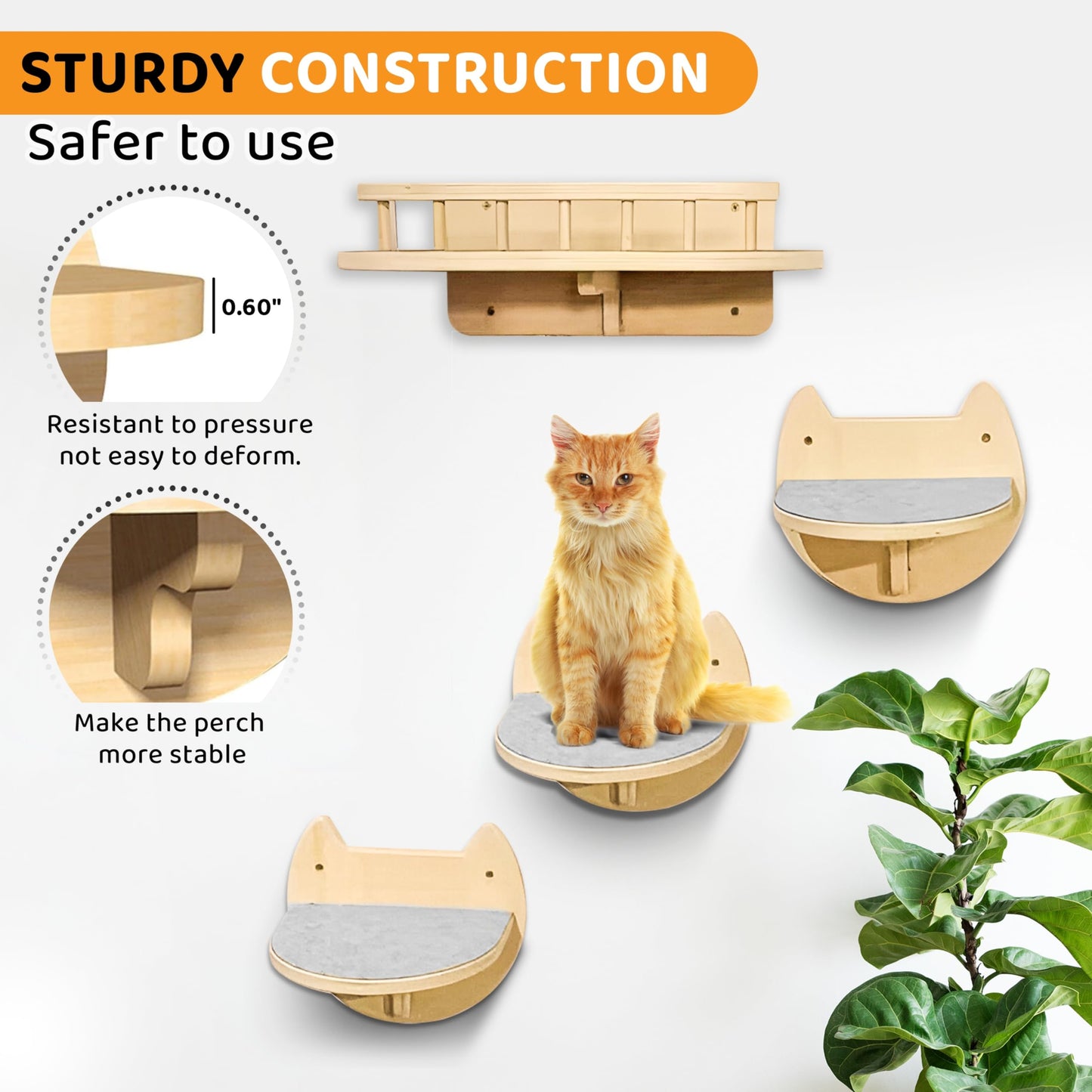 BUOGA Cat Wall Shelves – 3 Steps Climbing Furniture & Perch for Indoor Cats up to 30lbs, Wooden Floating Shelf with Non-Slip Pad Bed, Modern Corner & Wall Mounted for Playing and Lounging - Natural