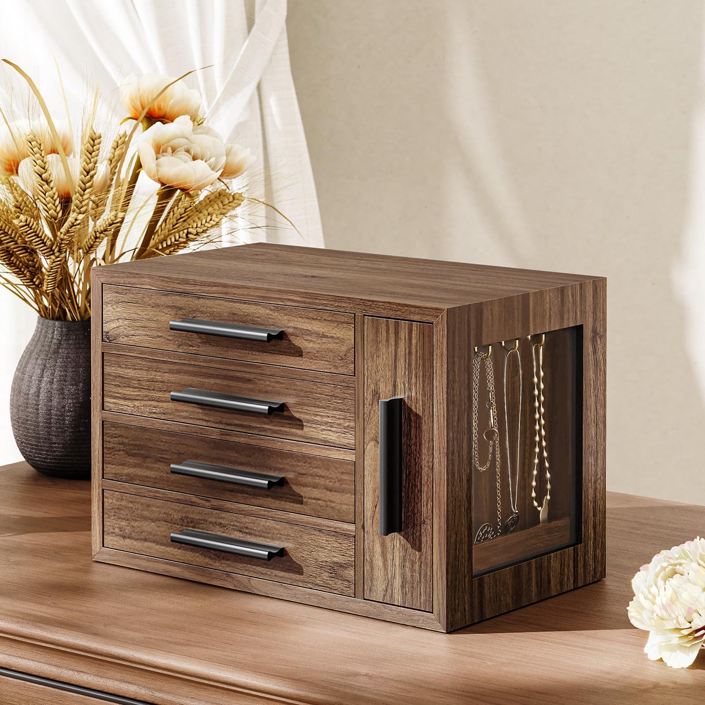HOOBRO Jewelry Box for Women and Jewelry Organizer Bundle, Wooden Jewelry Box, Jewelry Case with Side Transparent Window, for Earring, Necklace, Bracelet, Ring BH09JB04-BH12JB04