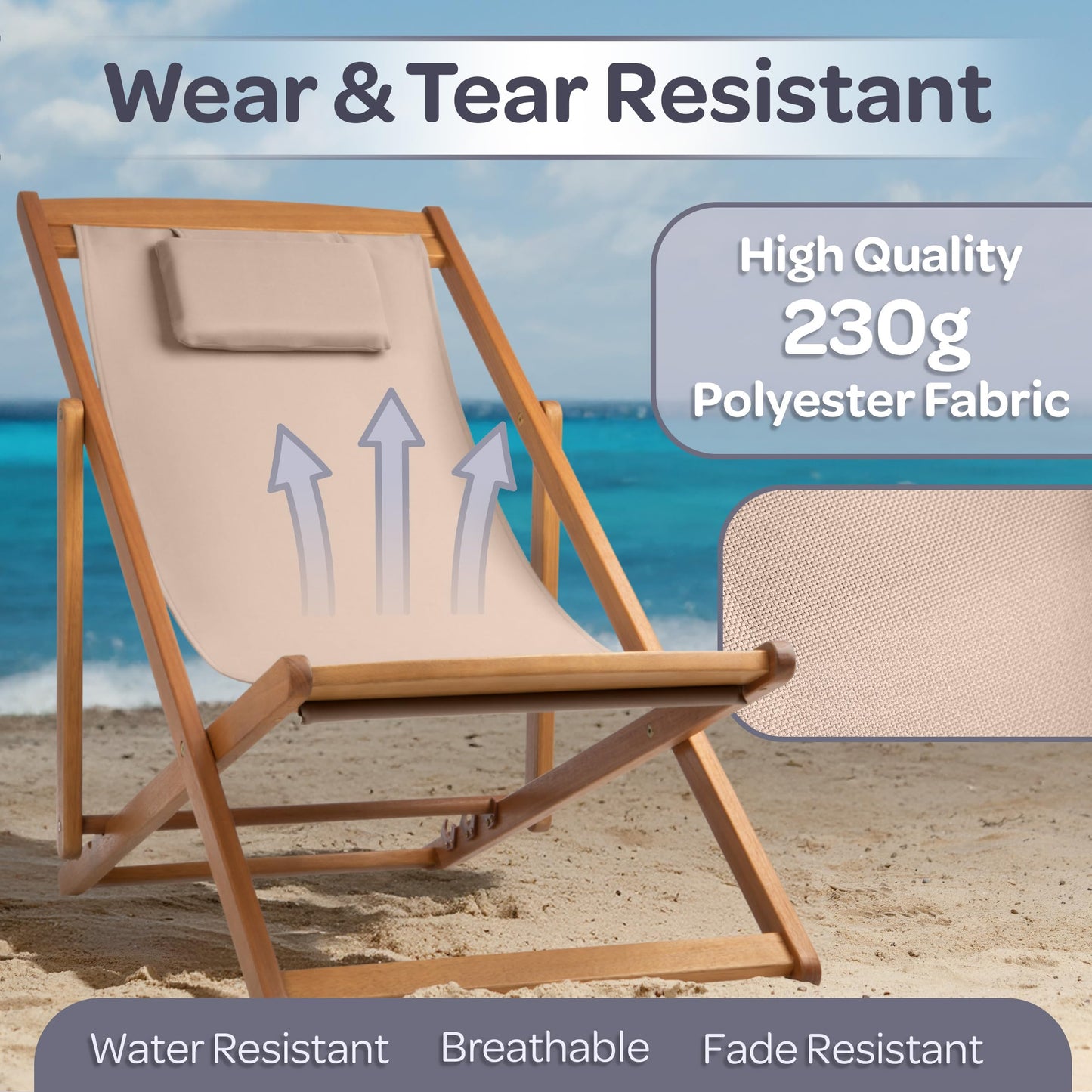 Beach Lounge Chair - Adjustable Height Reclining Sling Chair - Portable Wood Folding Chairs - Folding Lounge Chairs for Outside, Patio, Balcony, or Camping - Outdoor Furniture by Lavish Home (Beige)