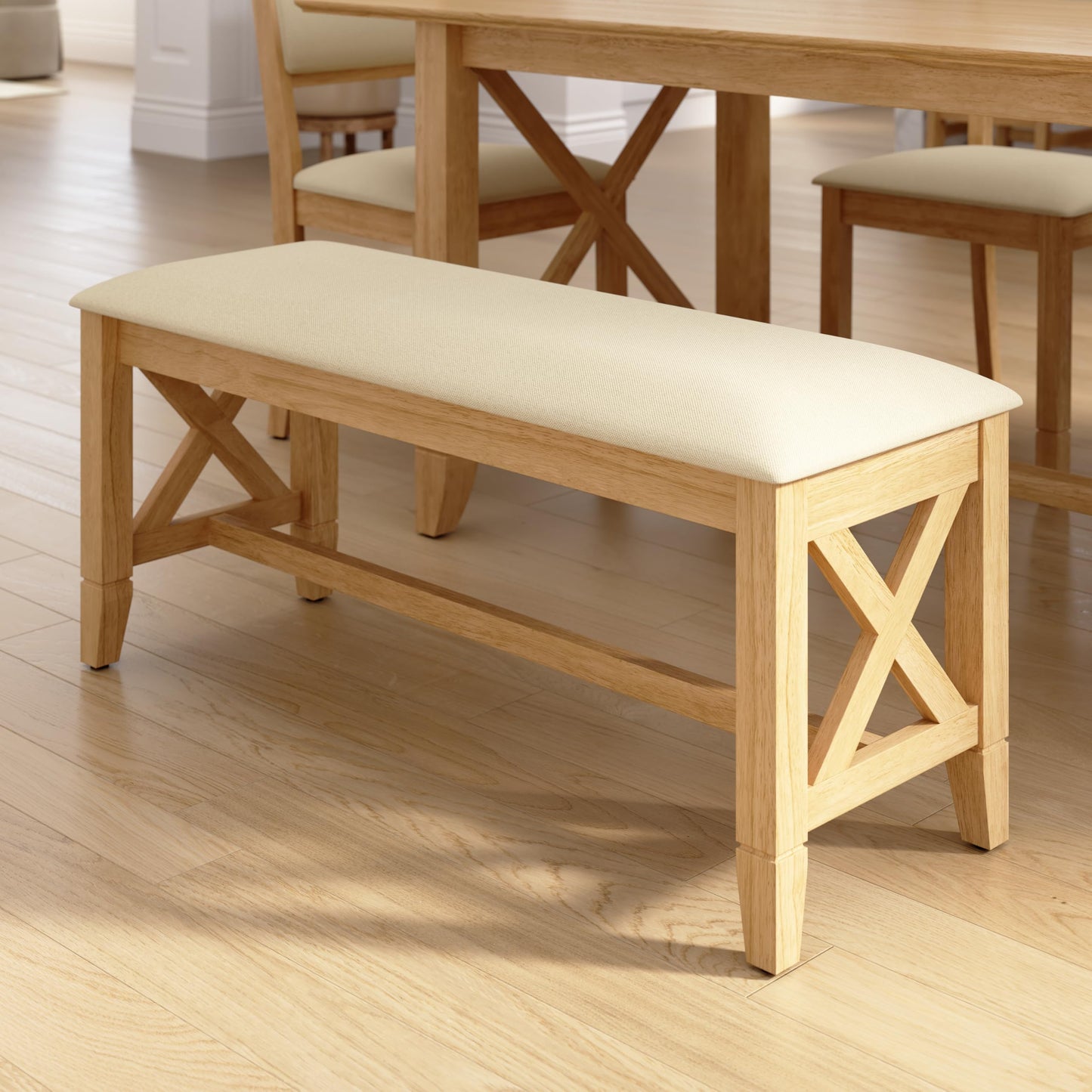 Bush Home 44-Inch Upholstered Dining Room Bench, Farmhouse Wooden X Design, Cushioned Seat for Kitchen Table or Entryway, No Table, Key West Collection, Blonde Oak and Bright Beige Fabric