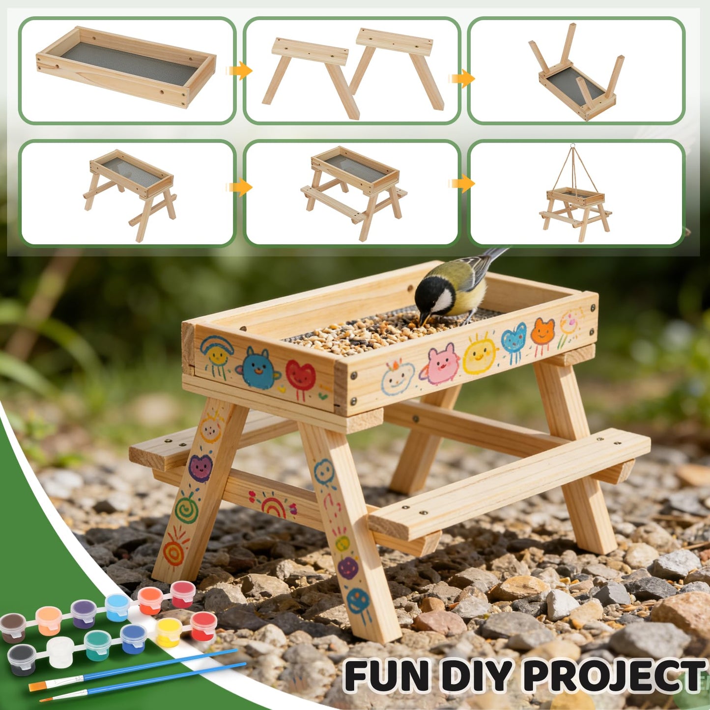 Squirrel Picnic Table Feeder, DIY Wood Building Kits with Paint Set,for Wild Birds, Chickens, Ducks, Squirrels & Other Poultry, Build Your Own Bird Feeder