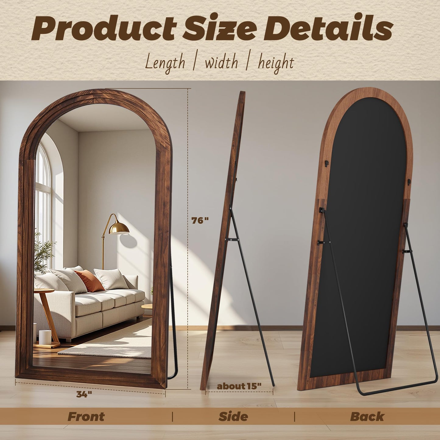 Antok Full Length Mirror with Solid Wood Frame, 76"×34" Wall Mounted Oversized Floor Mirror with Stand, Leaning Standing Hanging for Bedroom Living Room Entryway, Walnut, Arched Syle