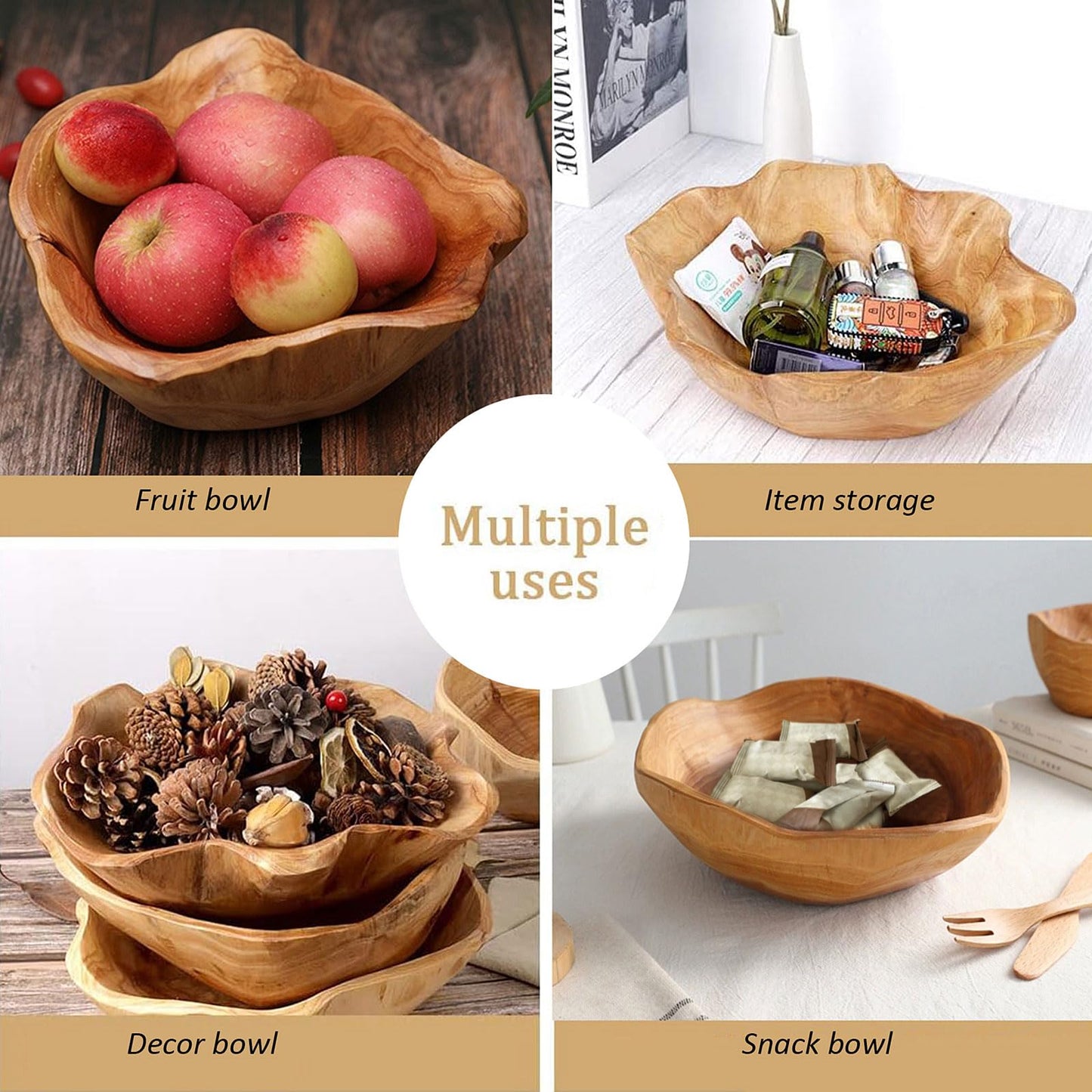 MIATTCLD Wooden Bowl Decorative Natural Wood Fruit Bowl, Irregular Creative Wood Bowls, Rustic Hand Carved Candy Snack Keys Serving Bowls for Home Decor(8"-10" Diameter)